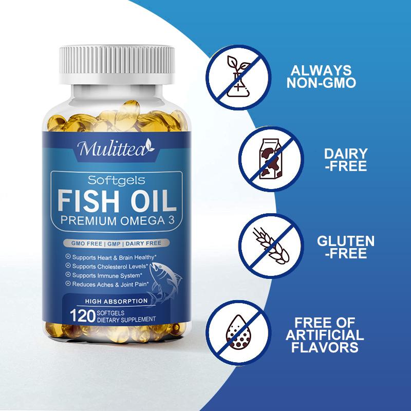 Mulittea Fish Oil 3600 mg Softgels – High Potency Omega-3 with EPA & DHA for Brain, Heart, Joint & Skin Support – Burpless, Pure Sea-Harvested – 120 Capsules