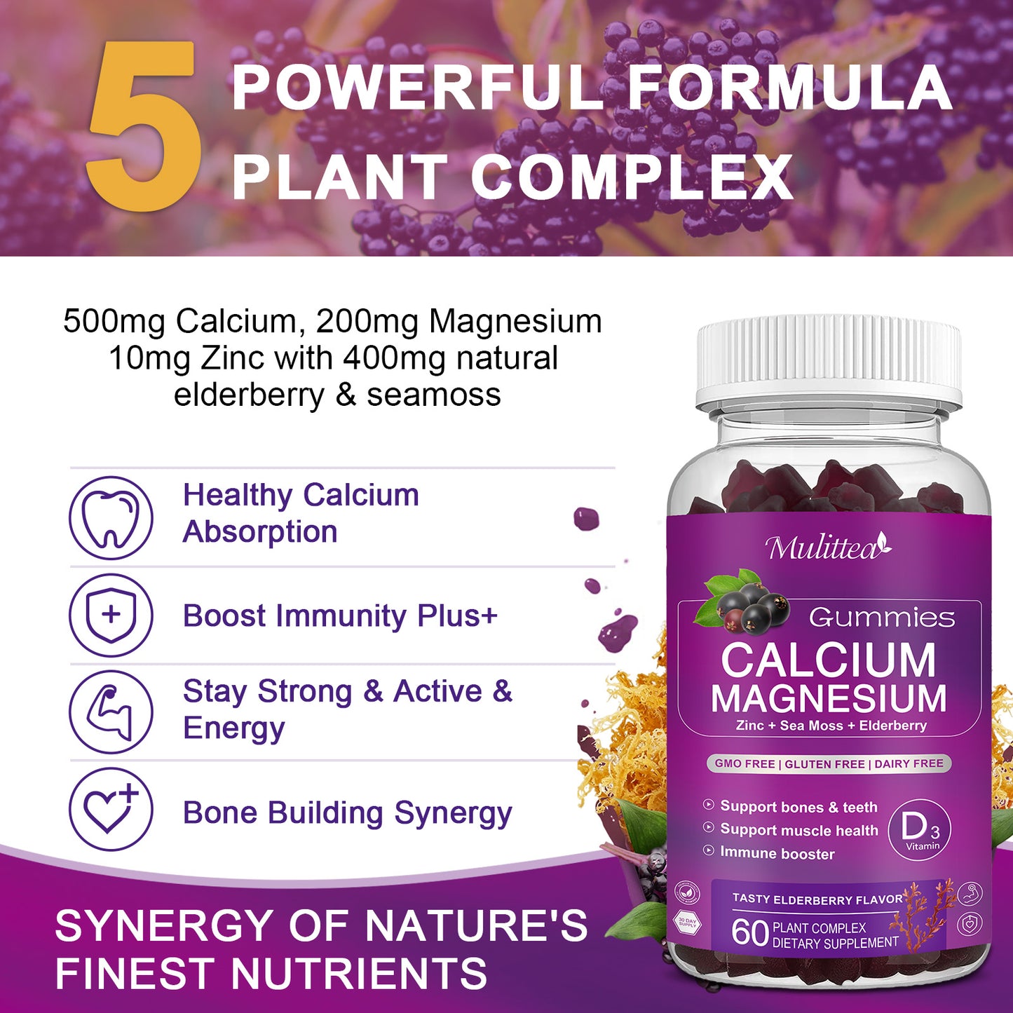 Mulittea Calcium Magnesium Zinc Gummies – With 200mg Magnesium Glycinate, Vitamin D3, Potassium, Sea Moss & Elderberry – Bone, Energy & Mood Support – Berry Flavor – 2 Pack