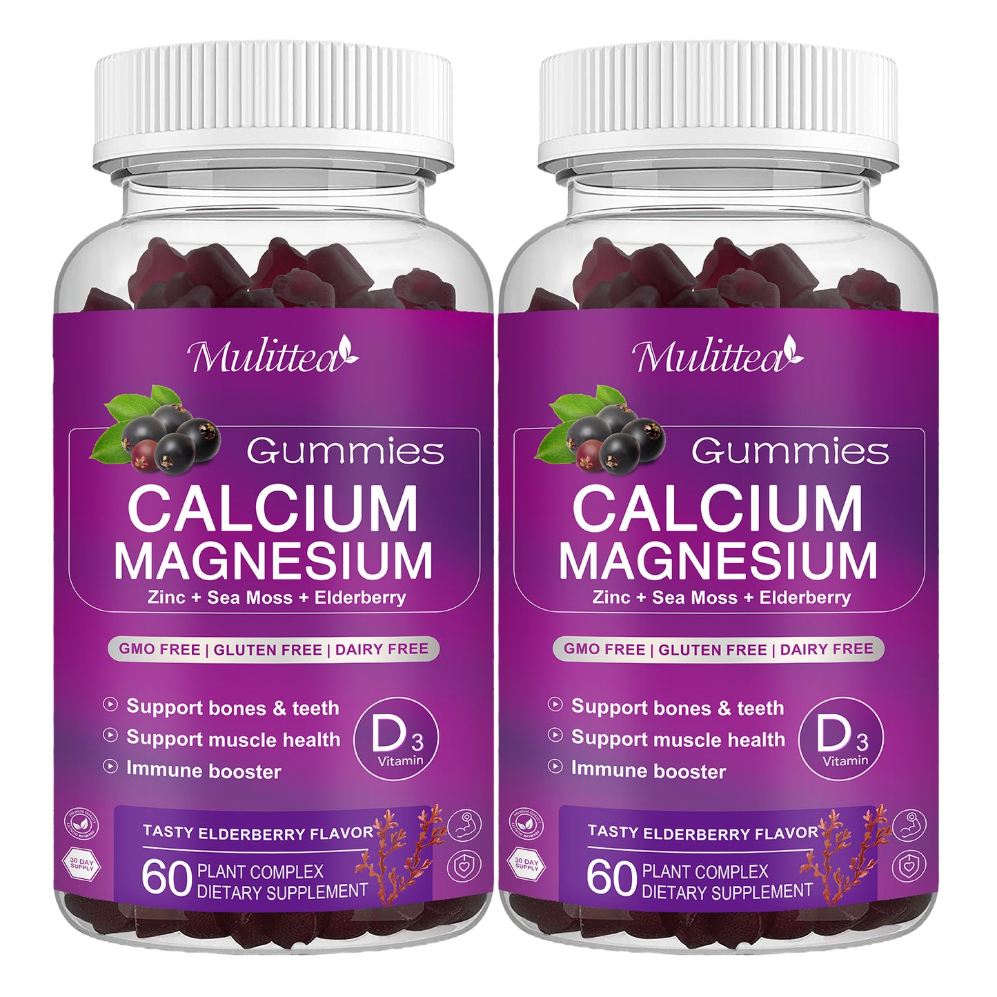 Mulittea Immune Support Elderberry Calcium Magnesium Zinc Gummies with D3 K2 – Plant-Based Mineral Complex