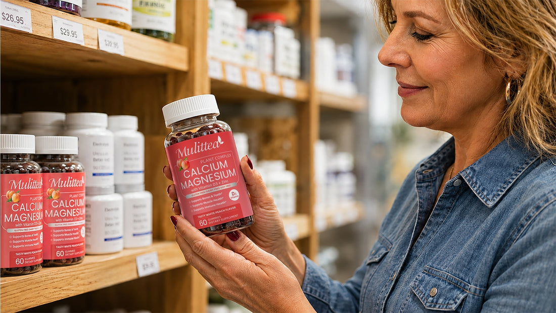 Middle‑aged woman shopper carefully checking Mulittea Calcium Magnesium with Vitamin D3 & Zinc gummy vitamins at wellness supermarket, dietary supplement product lifestyle shot