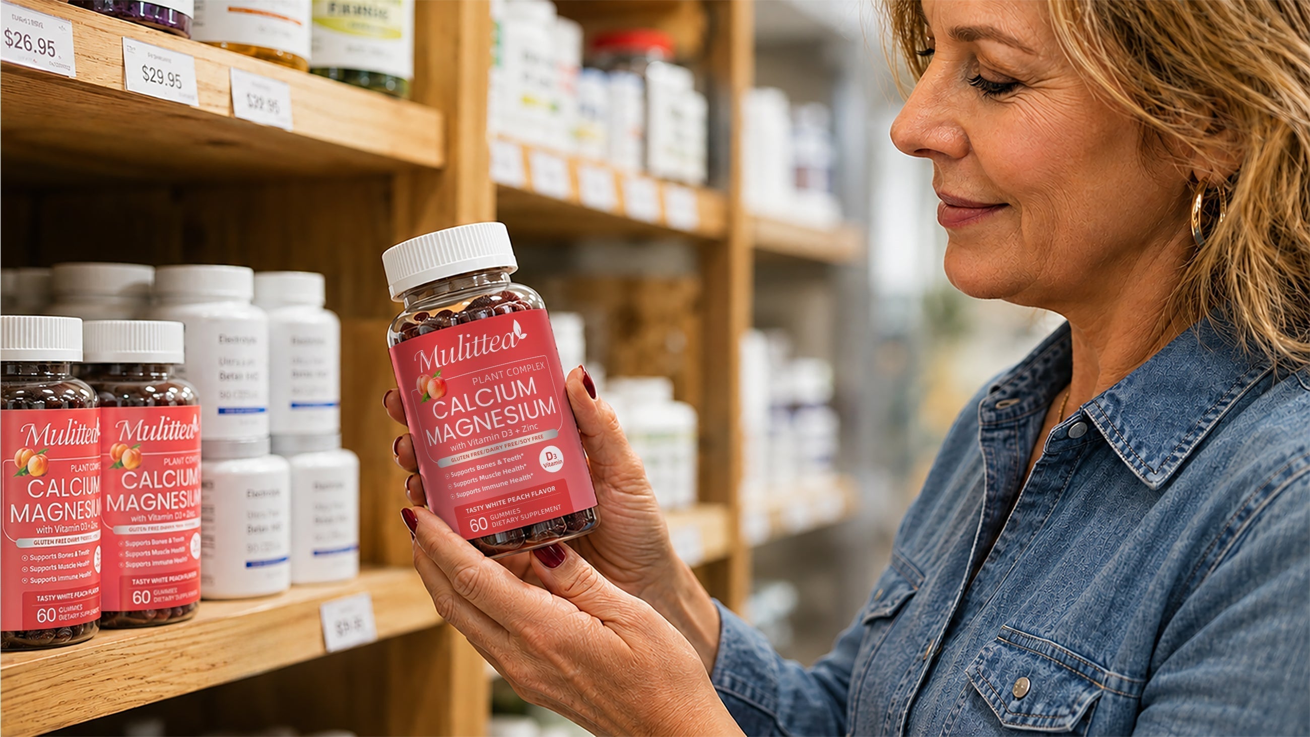 Middle‑aged woman shopper carefully checking Mulittea Calcium Magnesium with Vitamin D3 & Zinc gummy vitamins at wellness supermarket, dietary supplement product lifestyle shot