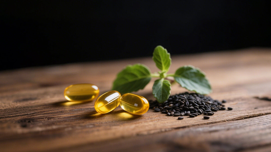 A close-up, vibrant image of fresh Nigella Sativa seeds and a single Mulittea Black Seed Oil capsule, highlighting the natural origin and convenient form of the supplement.