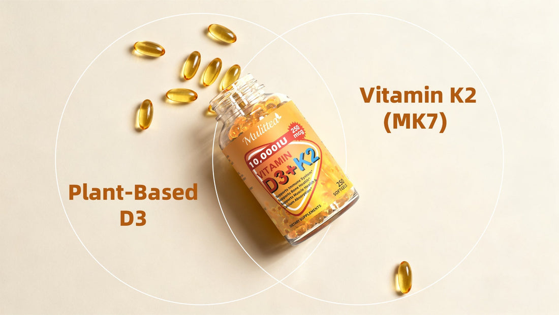In-depth guide to Mulittea Plant-Based D3 + K2 softgels. support bone health and heart health.