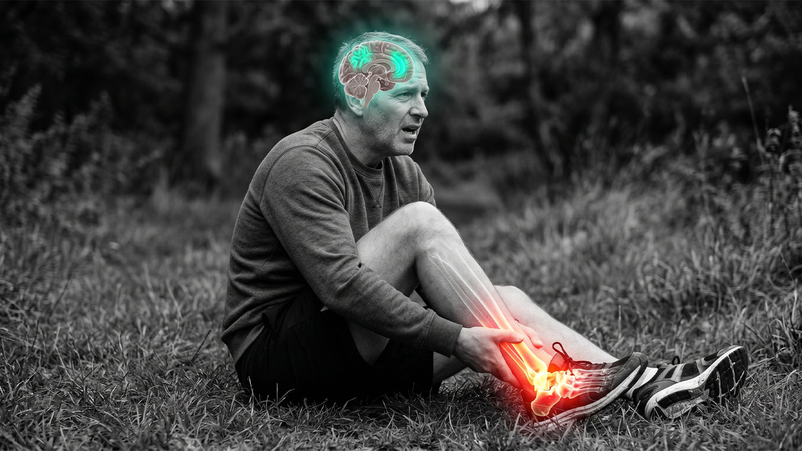 Graphic showing a man with ankle pain, visualizing the brain-body connection between stress and skeletal health