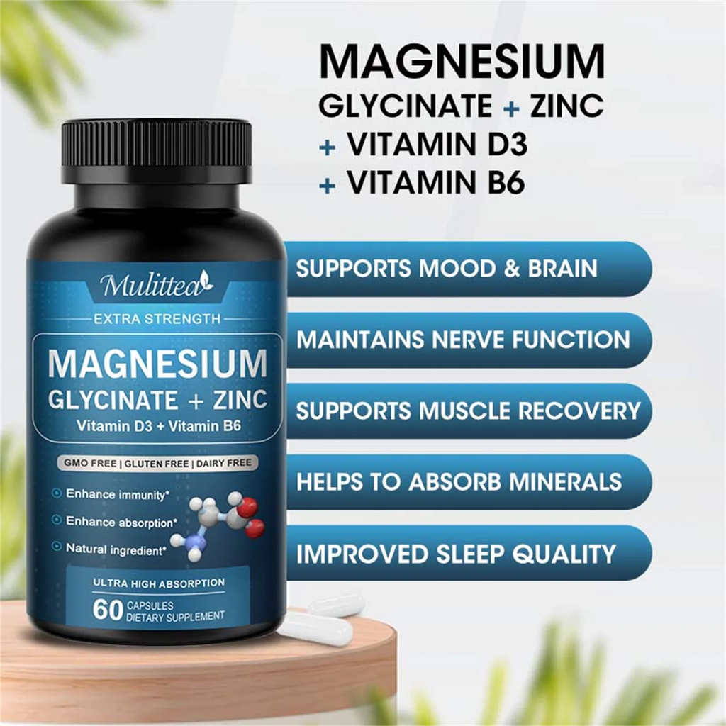High-Absorption Magnesium Glycinate 500mg with Zinc, Vitamin D3 B6, Support Mood, Brain & Immune Health, 60 Vegan Pills, 2 Month Supply