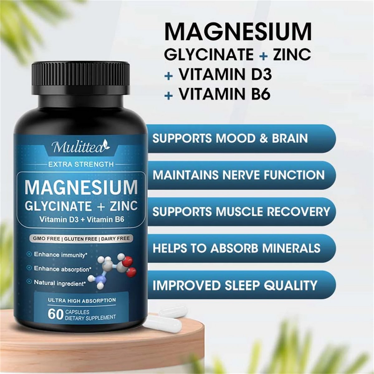 High-Absorption Magnesium Glycinate 500mg with Zinc, Vitamin D3 B6, Support Mood, Brain & Immune Health, 60 Vegan Pills, 2 Month Supply