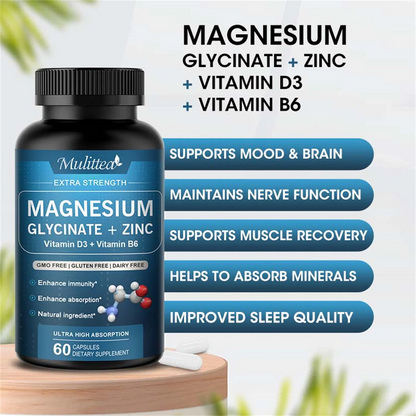High-Absorption Magnesium Glycinate 500mg with Zinc, Vitamin D3 B6, Support Mood, Brain & Immune Health, 60 Vegan Pills, 2 Month Supply