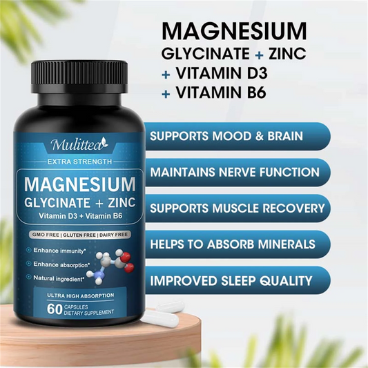 High-Absorption Magnesium Glycinate 500mg with Zinc, Vitamin D3 B6, Support Mood, Brain & Immune Health, 60 Vegan Pills, 2 Month Supply