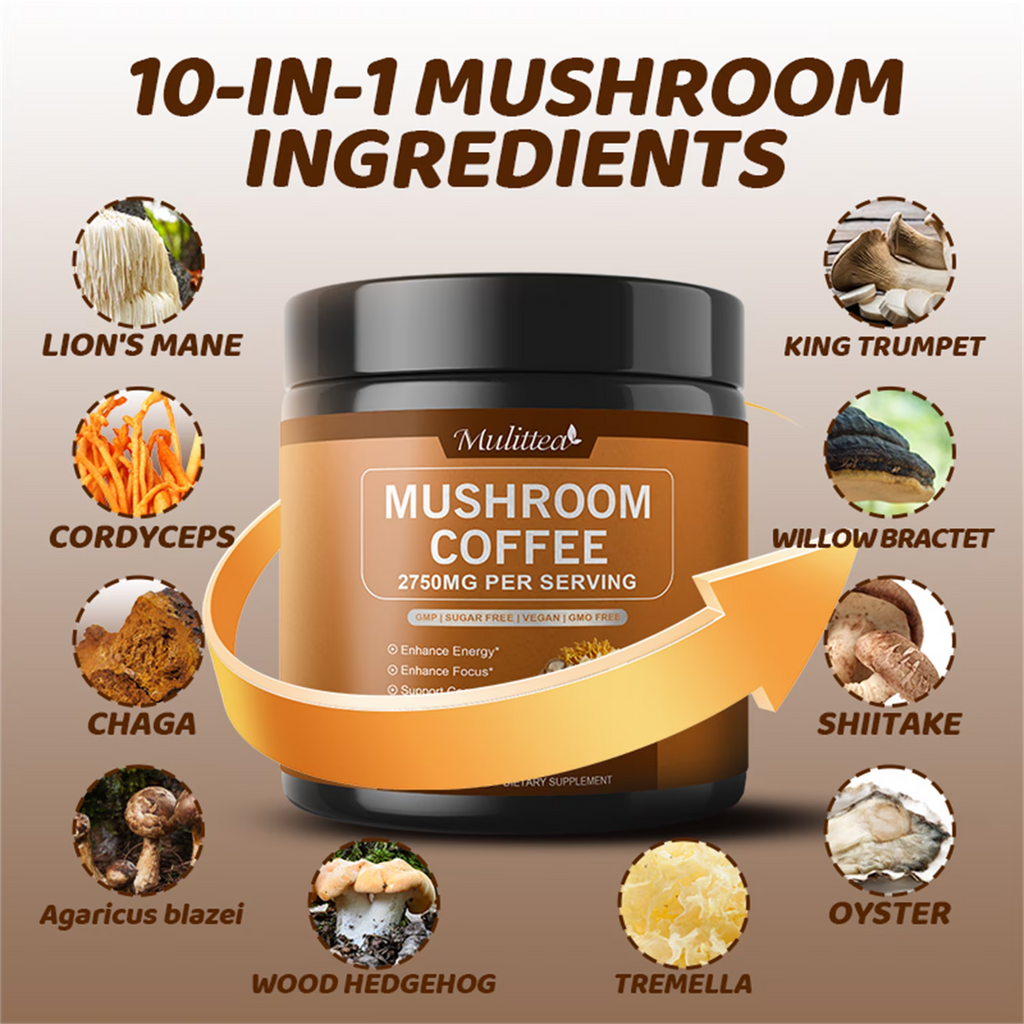Mulittea Mushroom Coffee with Ashwagandha & Collagen – Lion's Mane, Cordyceps & Chaga Blend for Energy & Immune Support, Focus & Mental Clarity - Sugar-Free Instant Coffee Powder -100 Servings