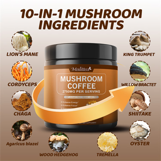 Mulittea Mushroom Coffee with Ashwagandha & Collagen – Lion's Mane, Cordyceps & Chaga Blend for Energy & Immune Support, Focus & Mental Clarity - Sugar-Free Instant Coffee Powder -100 Servings