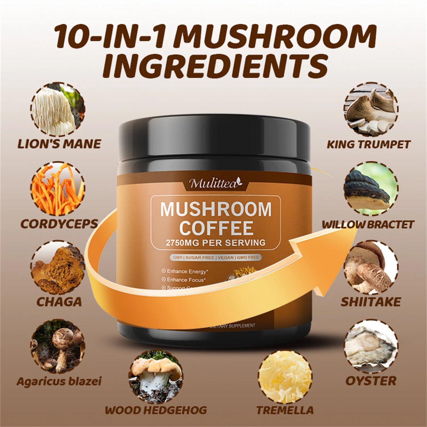 Organic Mushroom Coffee with Ashwagandha & Collagen – Lion’s Mane, Cordyceps & Chaga Blend for Energy & Immune Support, Focus & Mental Clarity, 2500mg Superfood Blend, 50 Servings