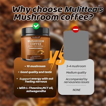 Mulittea Mushroom Coffee with Ashwagandha & Collagen – Lion's Mane, Cordyceps & Chaga Blend for Energy & Immune Support, Focus & Mental Clarity - Sugar-Free Instant Coffee Powder -100 Servings