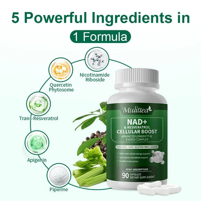 Mulittea Nicotinamide Riboside Complex Capsules with Quercetin, Resveratrol, NAD+ Supplement, 90 Vegan Capsules for Cellular Energy Support & Metabolic Health