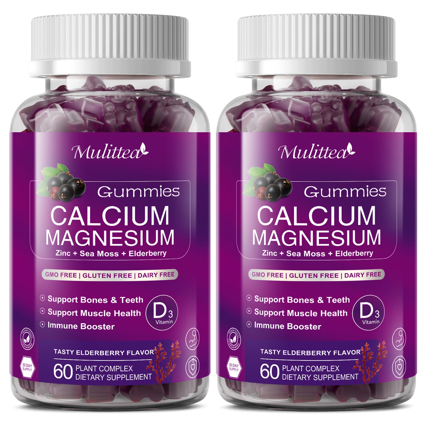 Mulittea Cal Mag Zinc Gummies (2-Pack) | 200mg Magnesium Glycinate, Potassium & D3 | Bone, Muscle & Sleep Support | Elderberry Flavor
