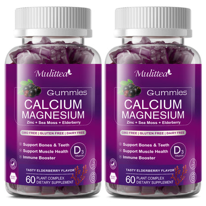 Mulittea Cal Mag Zinc Gummies (2-Pack) | 200mg Magnesium Glycinate, Potassium & D3 | Bone, Muscle & Sleep Support | Elderberry Flavor