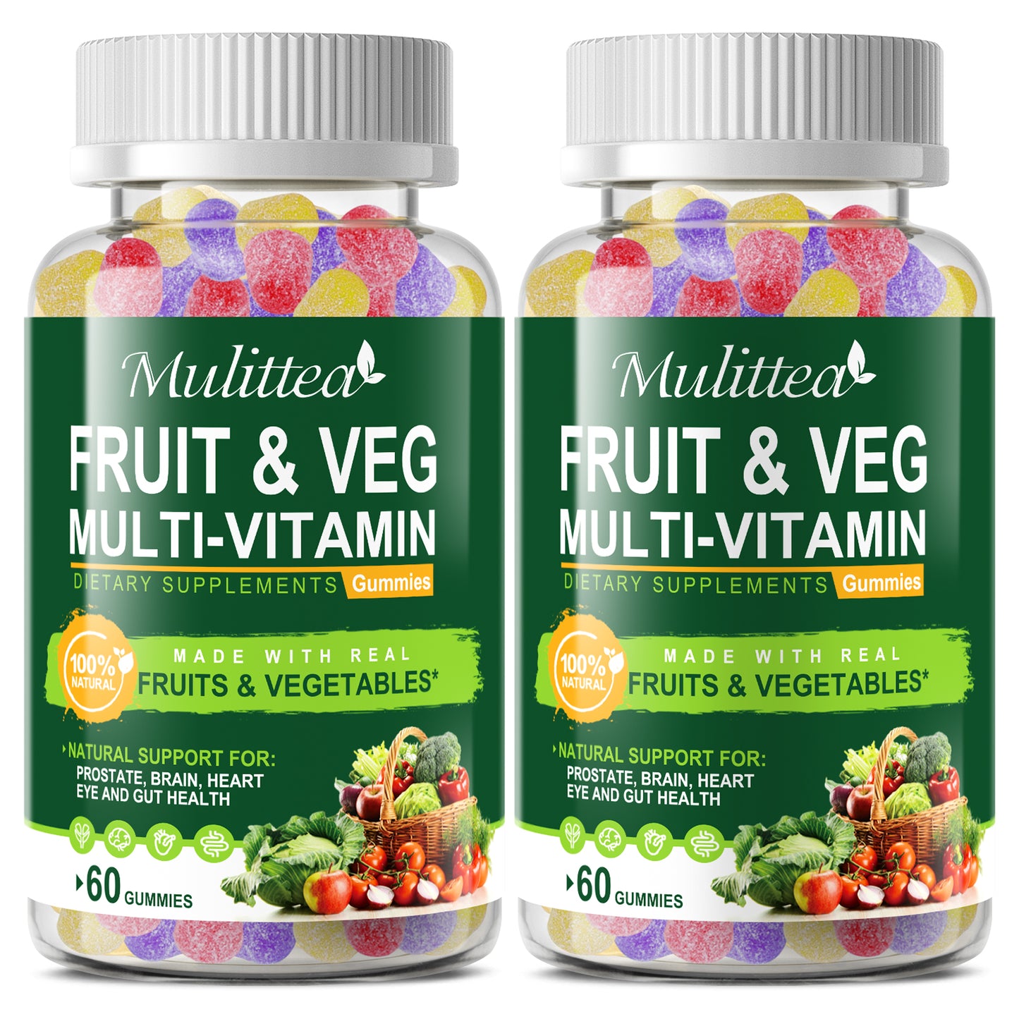 Mulittea Fruit & Veggie Gummies (2-Pack) | Whole Food Multivitamin + Fiber | Energy & Immune Support