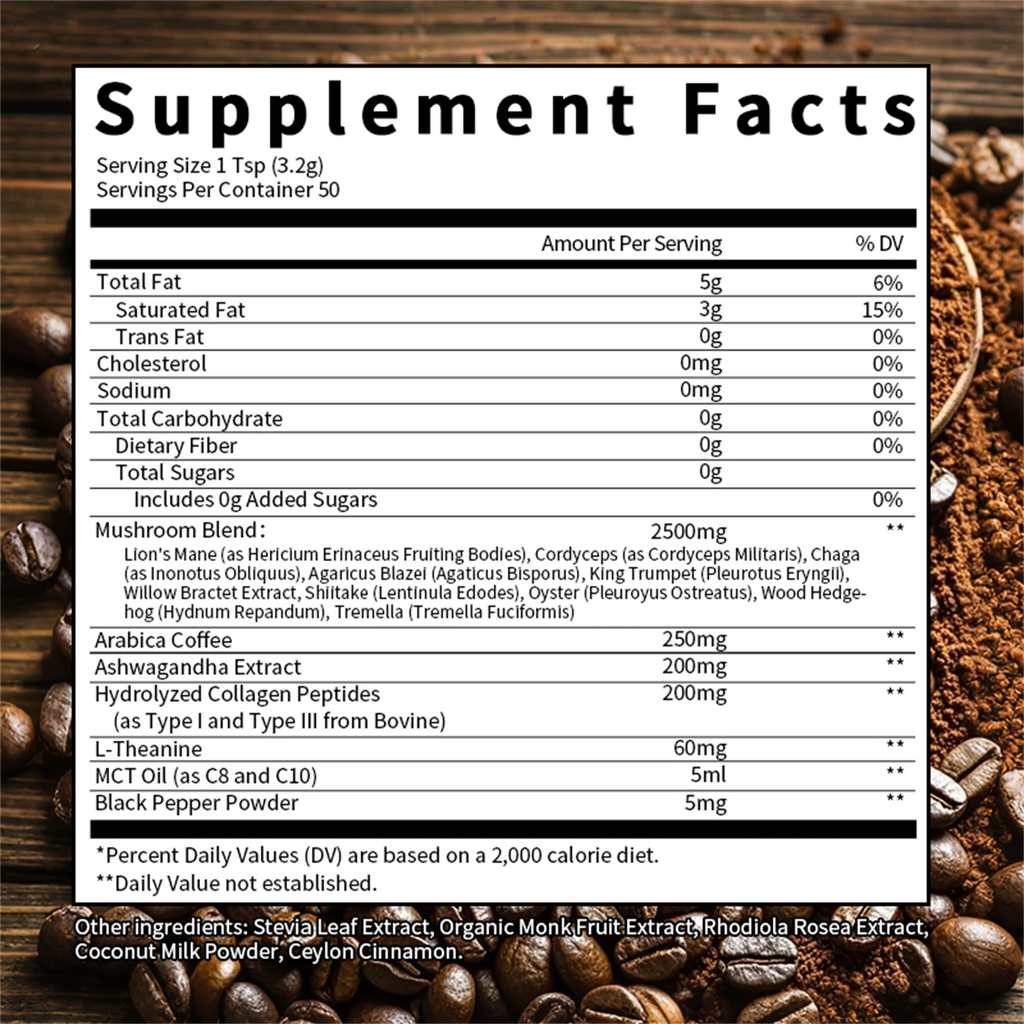 Organic Mushroom Coffee with Ashwagandha & Collagen – Lion’s Mane, Cordyceps & Chaga Blend for Energy & Immune Support, Focus & Mental Clarity, 2500mg Superfood Blend, 50 Servings