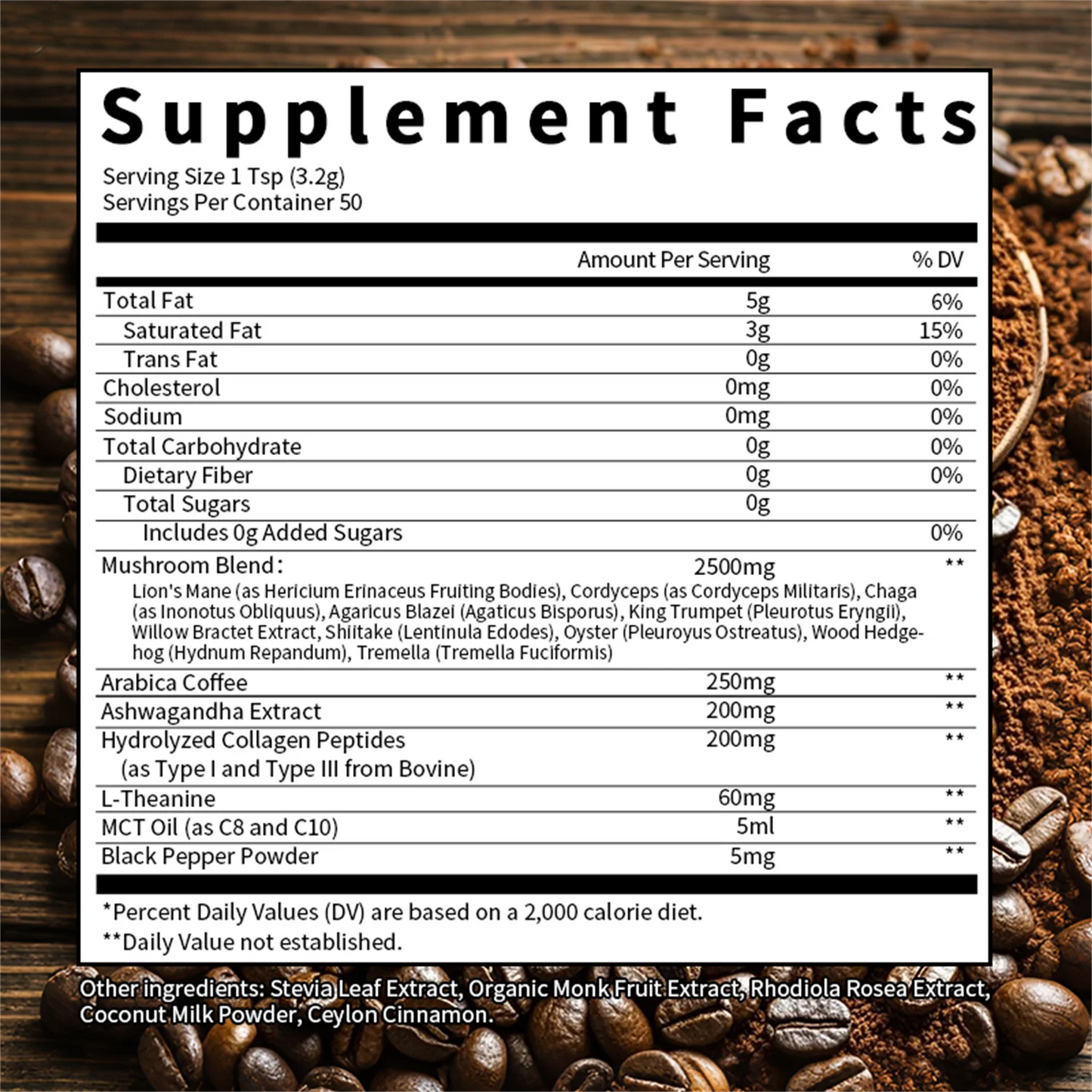 Organic Mushroom Coffee with Ashwagandha & Collagen – Lion’s Mane, Cordyceps & Chaga Blend for Energy & Immune Support, Focus & Mental Clarity, 2500mg Superfood Blend, 50 Servings