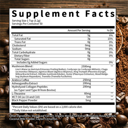 Organic Mushroom Coffee with Ashwagandha & Collagen – Lion’s Mane, Cordyceps & Chaga Blend for Energy & Immune Support, Focus & Mental Clarity, 2500mg Superfood Blend, 100 Servings