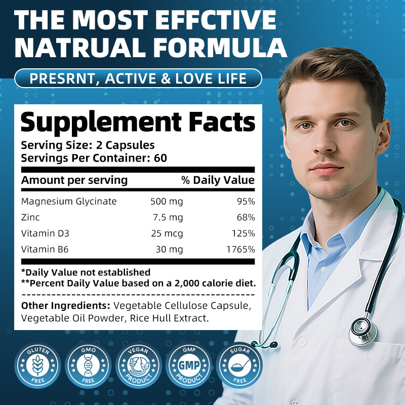 Mulittea Magnesium Glycinate 500mg with Zinc, Vitamin D3 & B6 - 60 counts