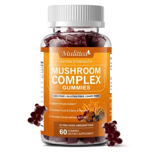 Mulittea Mushroom Gummies (60 Count) | 10-in-1 Organic Complex, 2500mg | Energy, Focus & Immune Support