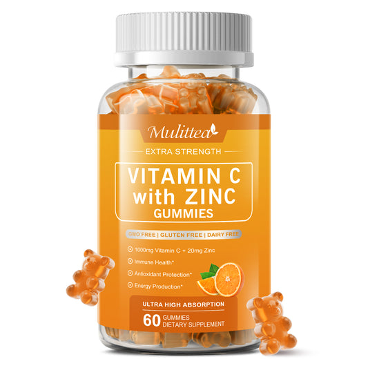 Mulittea Vitamin C Zinc Gummies (60 Count) | 1000mg C + 20mg Zinc | Immune Boost for Adults & Kids