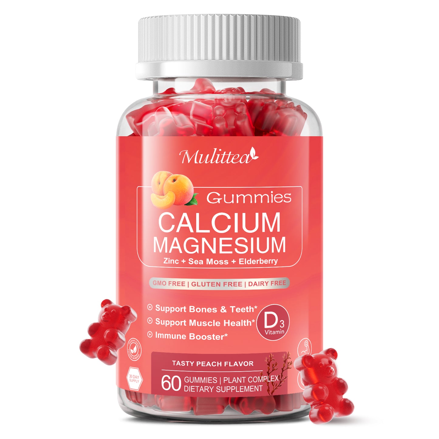 Mulittea Cal Mag Zinc Gummies (60 Count) | Sugar-Free, Glycinate & Sea Moss | Bone, Muscle & Sleep Support | Peach