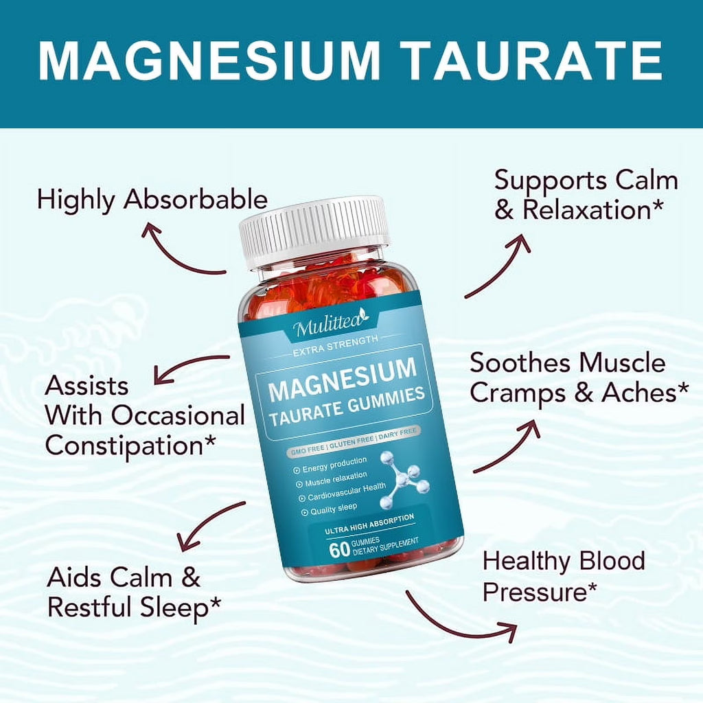 Magnesium Taurate Gummies,Amino Acid 1800mg Supplement,Supports Liver,Heart,Brain & Visual Health,60 Gummies