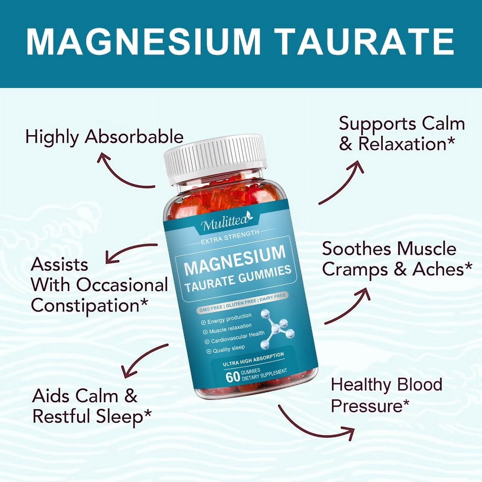 Magnesium Taurate Gummies,Amino Acid 1800mg Supplement,Supports Liver,Heart,Brain & Visual Health,60 Gummies