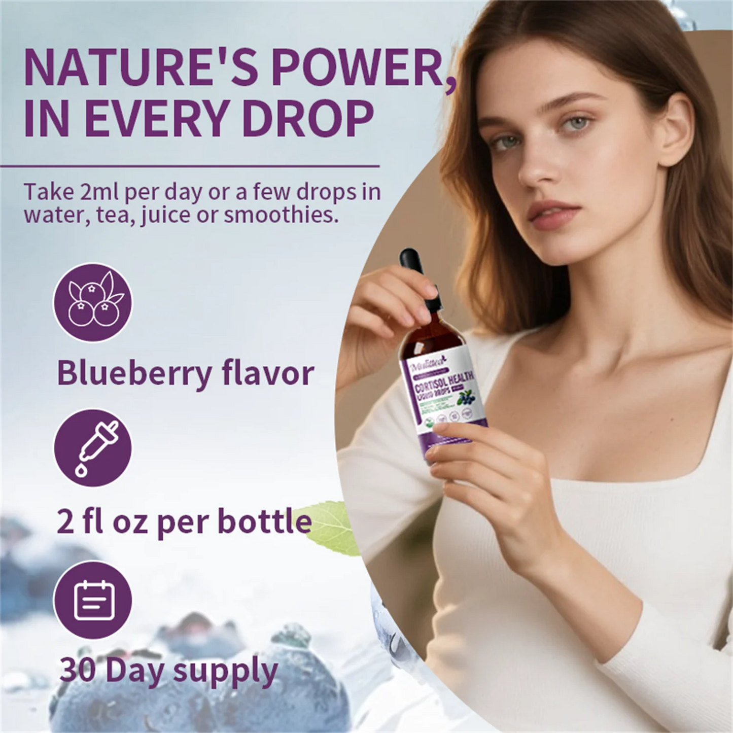 Cortisol Supplements for Women Men, Cortisol Reducer Detox Manager w/ Magnesium, Ashwagandha, L-theanine, Hormone Balance Liquid Drops Mood, Focus, Sleep Support - 2 Fl.oz, Blueberry Flavor