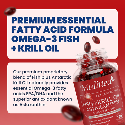 Mulittea Fish Oil + Krill Oil with EPA, DHA & Astaxanthin Supports Joint, Skin, Brain & Eye Health
