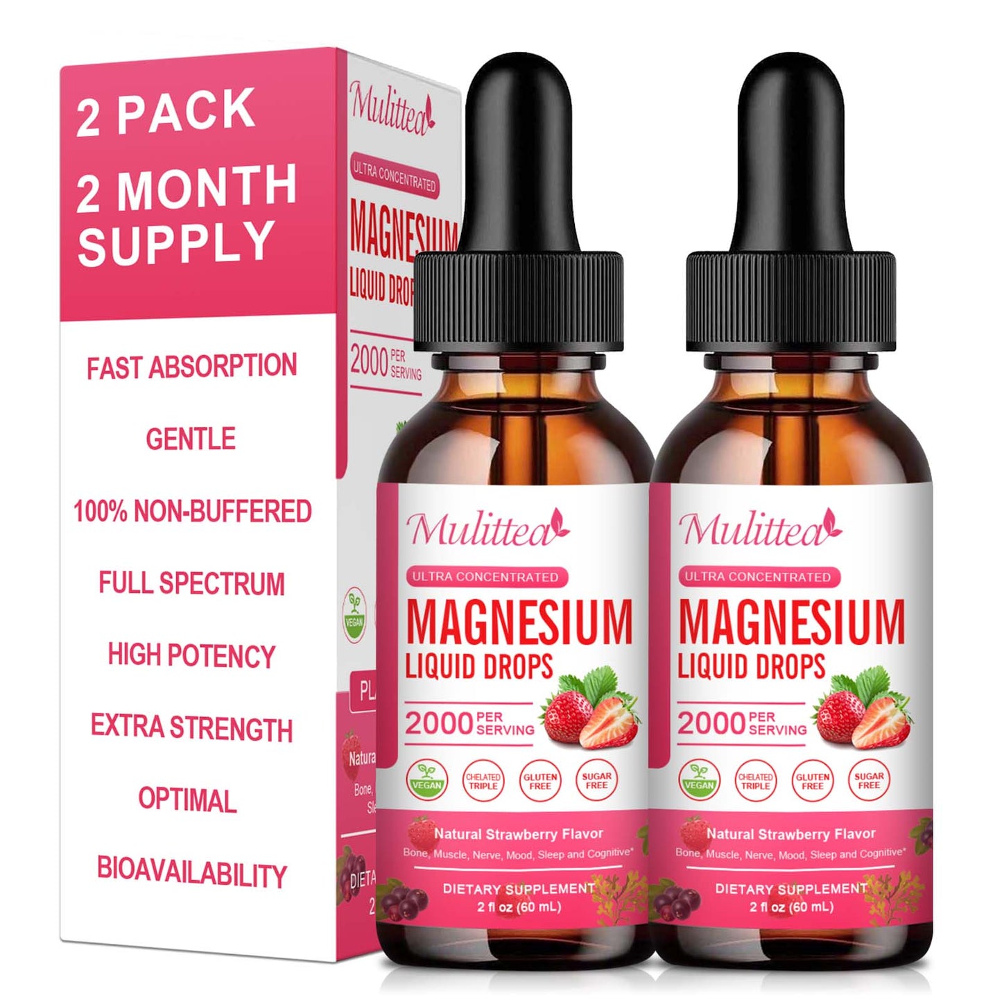 (Paquete de 2) Suplemento de magnesio, 1000 mg con magnesio de alta potencia 500 glicinato y 500 mg de citrato, sin azúcar, gotas líquidas de fresa que promueven los nervios, la relajación y el apoyo al sueño muscular.