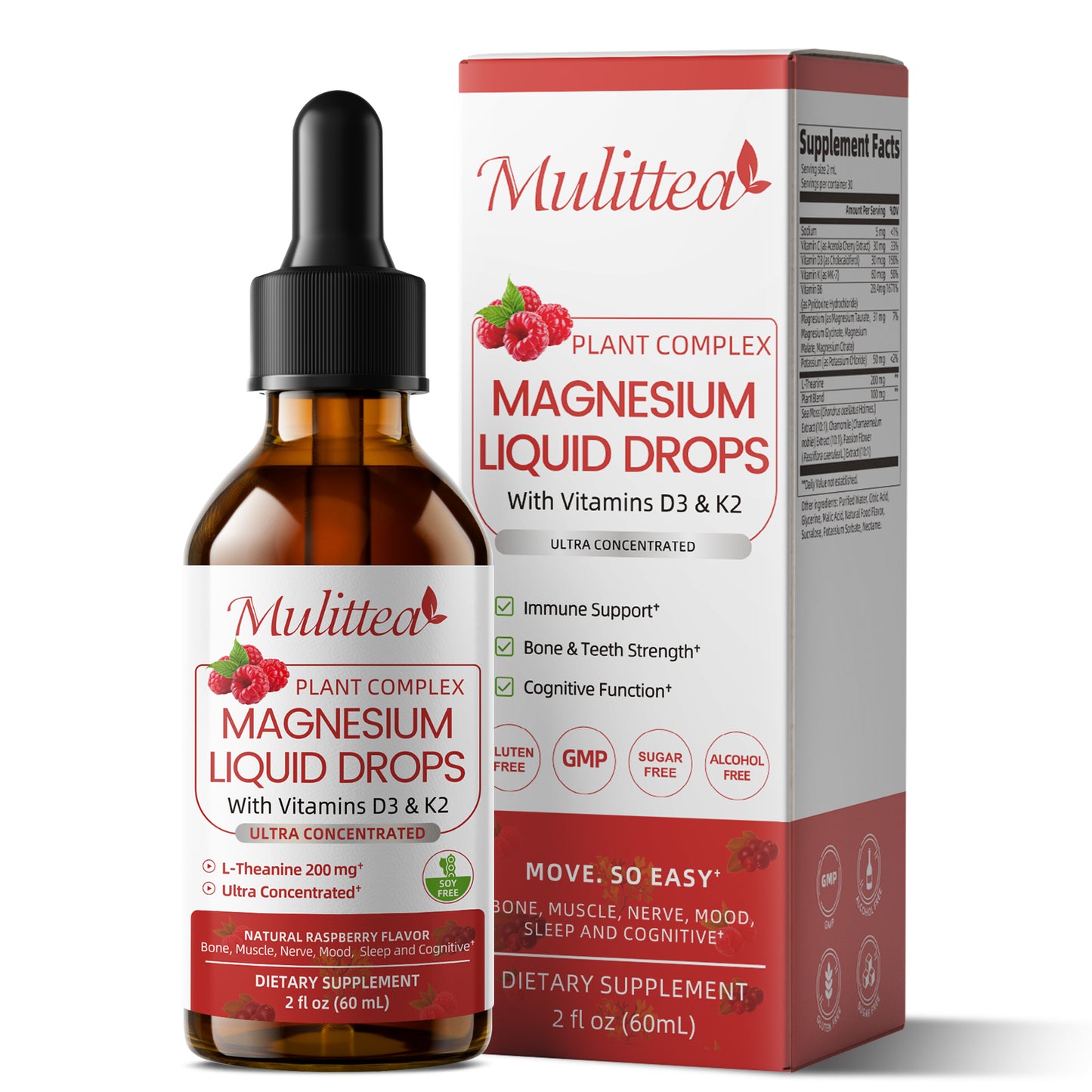 Magnesium Glycinate Liquid Drop - with Citrate, Malate and Taurate, L-Theanine, D3, K2,B6 - for Sleep, Bone,Muscles, Energy, Sugar-Free Raspberry Flavor - 4 Fl Oz