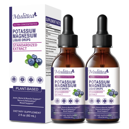 Mulittea® Potassium Magnesium Liquid Drops - Ultra Concentrated for Sleep, Muscle Cramps & Heart Health - 95% High Absorption, Vegan, Blueberry Flavor (2oz)