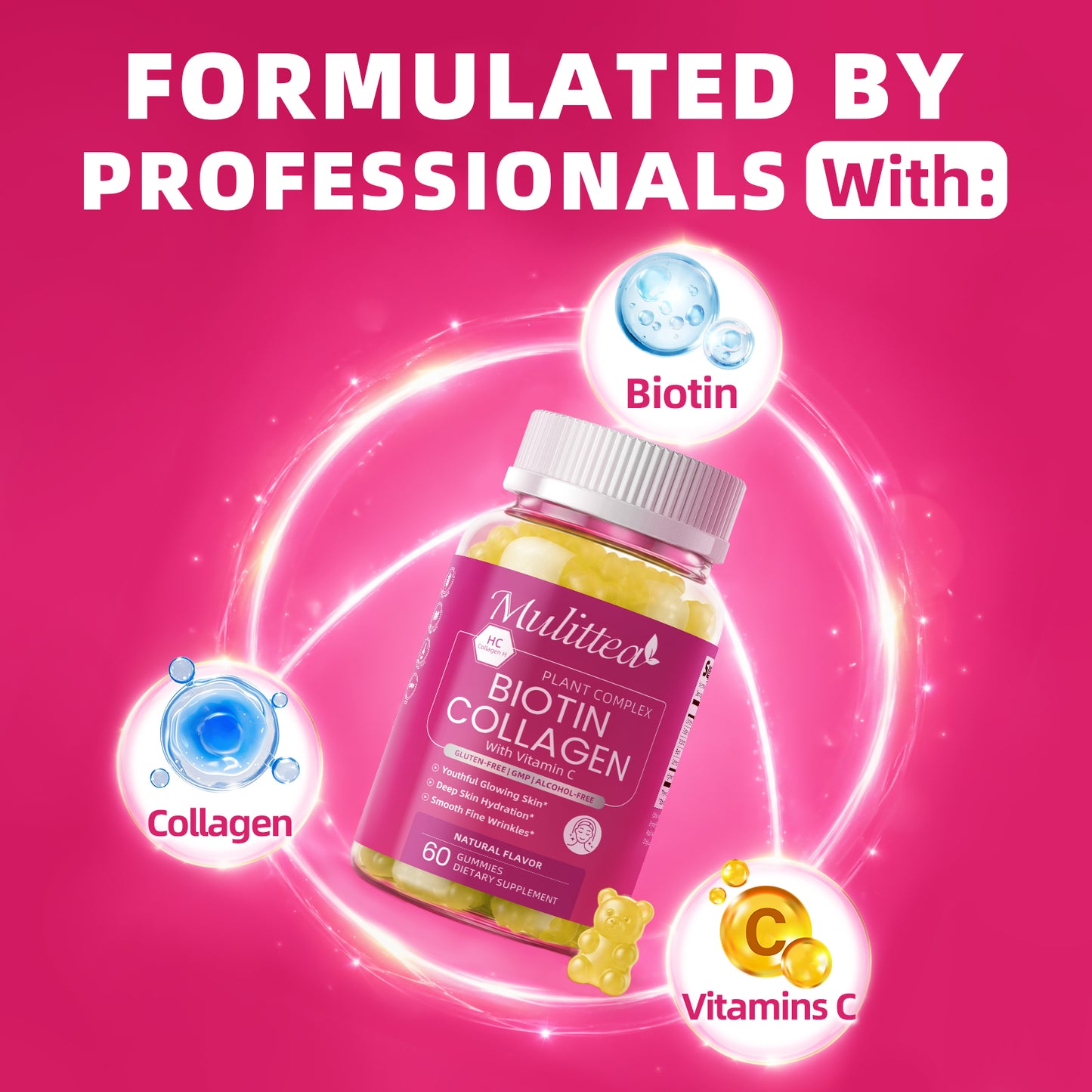Mulittea® Biotin Collagen Gummies - Hydrolyzed Collagen, Biotin & Vitamin C Complex for Hair, Skin, and Nails (60 Gummies)