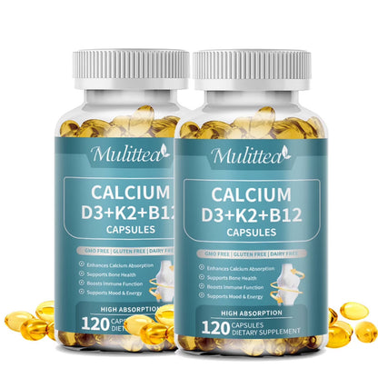 (2 Pack)4 in 1 Calcium D3 + K2 + B12 Capsules, 600mg Supplements Support Heart, Bone & Immune,120 ct