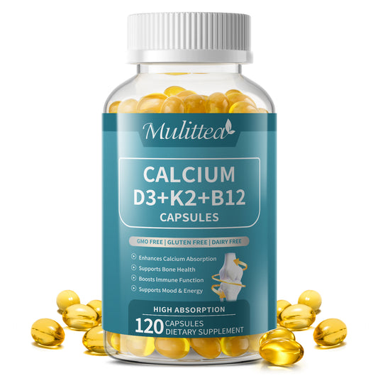 Mulittea 4-in-1 Calcium Capsules (120 Count) | D3 K2 B12, 600mg Calcium, Vegan | Bone, Heart & Immune Support