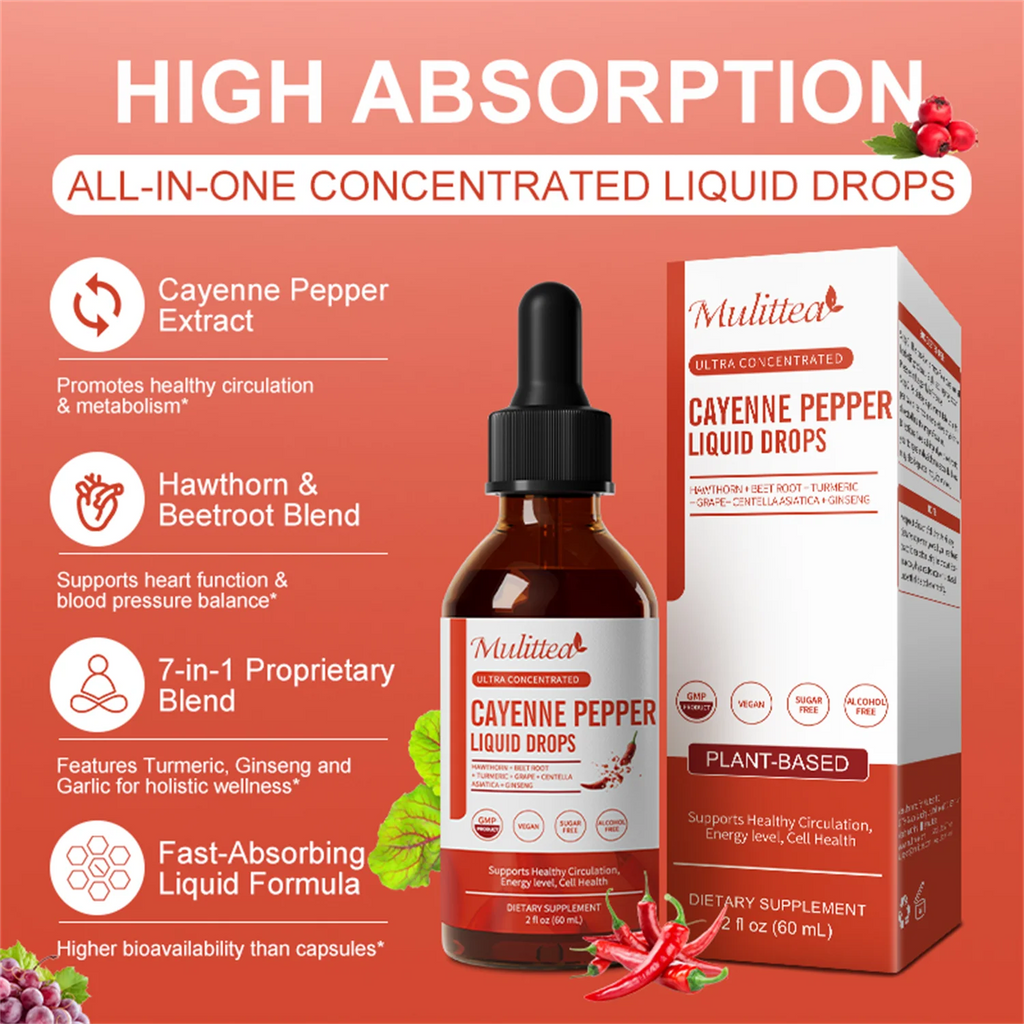 Cayenne Pepper Drops Supplement Liquid, Cayenne Pepper Extract with Hawthorn, Beet Root Powder, Turmeric Curcumin, Organic Ginseng, Garlic Extract, 1 Pack By Mulittea