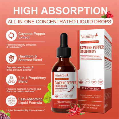 Cayenne Pepper Drops Supplement Liquid, Cayenne Pepper Extract with Hawthorn, Beet Root Powder, Turmeric Curcumin, Organic Ginseng, Garlic Extract, 1 Pack By Mulittea