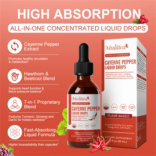 Cayenne Pepper Drops Supplement Liquid, Cayenne Pepper Extract with Hawthorn, Beet Root Powder, Turmeric Curcumin, Organic Ginseng, Garlic Extract, 1 Pack By Mulittea