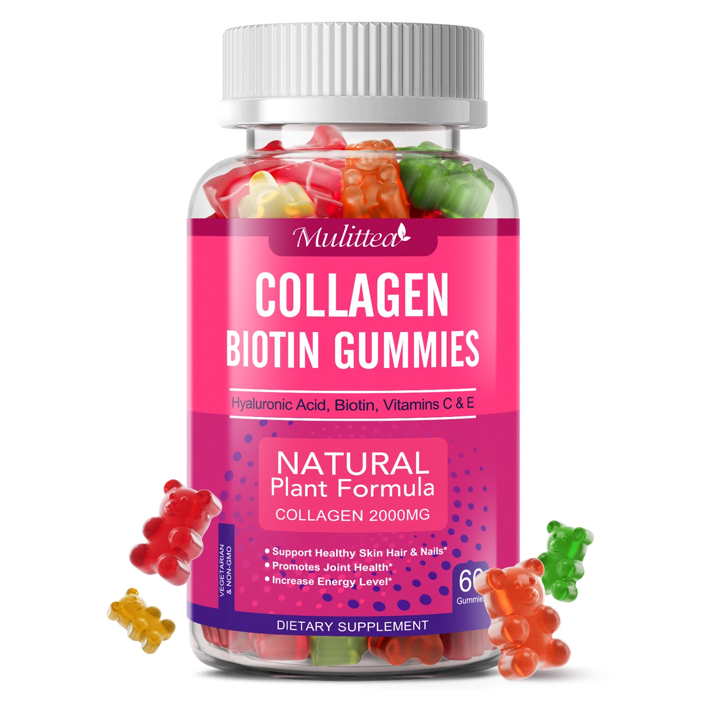 Mulittea Collagen Gummies (60 Count) | Vegan, Biotin, Vitamin C & E | Hair, Skin, Nail & Anti-Aging Support