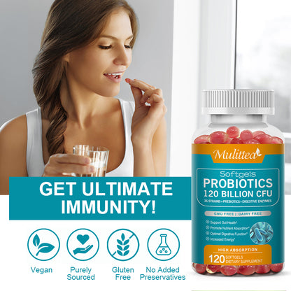 Mulittea Probiotic Capsules – 120 Billion CFU with Prebiotics & Digestive Enzymes – Gut Health & Immune Support, Constipation & Bloating Relief – 120 Capsules