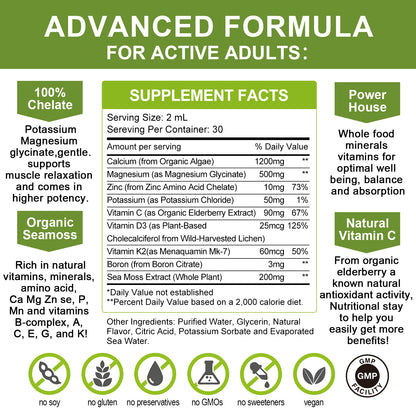 Calcium Magnesium Zinc Liquid Drop - Plant Calcium Supplement Plus Magnesium Glycinate 500mg,VIT C,D3 K2,Potassium & Superfood for Bone, Muscles, Mood & Zzz Support -Sugar-Free (2 Pack)