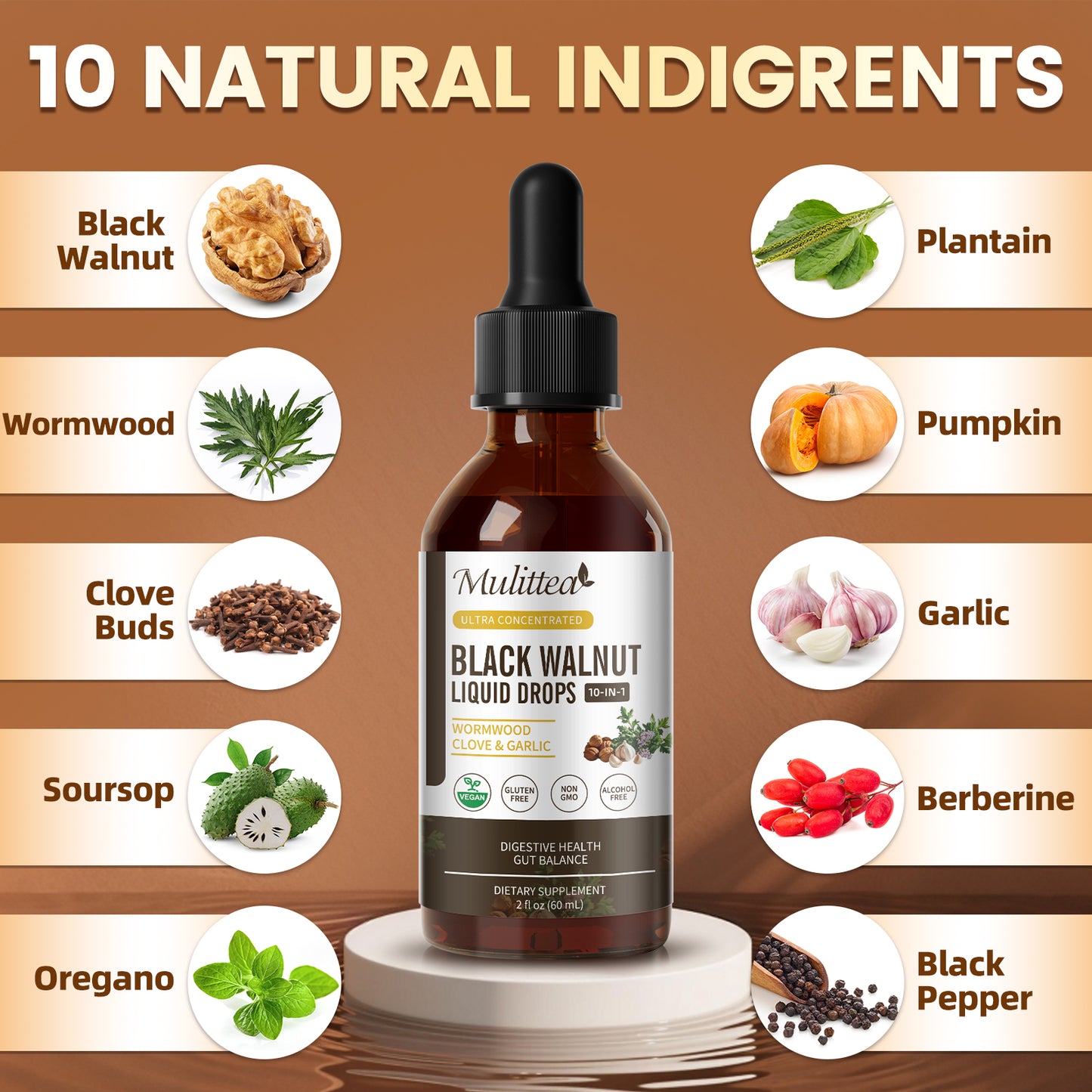 Mulittea Black Walnut Wormwood Tincture with Oregano Garlic & Berberine for Rapid Gut Cleanse & Digestive Health (98% Absorption)