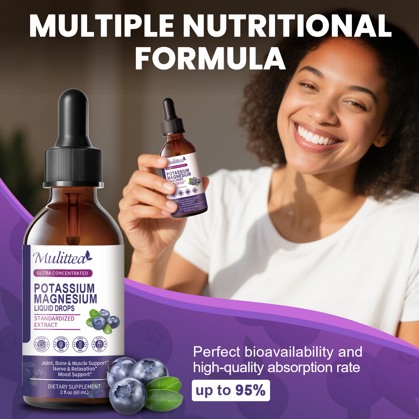 Mulittea® Potassium Magnesium Liquid Drops - Ultra Concentrated for Sleep, Muscle Cramps & Heart Health - 95% High Absorption, Vegan, Blueberry Flavor (2oz)