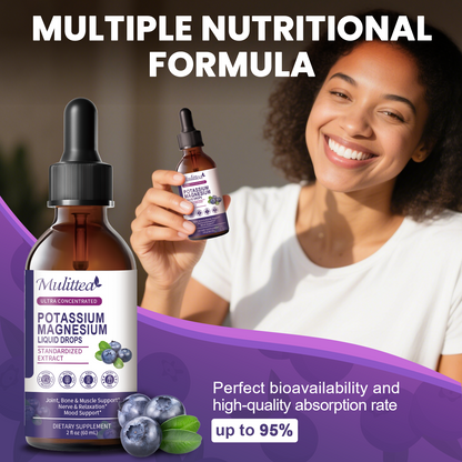Mulittea® Potassium Magnesium Liquid Drops - Ultra Concentrated for Sleep, Muscle Cramps & Heart Health - 95% High Absorption, Vegan, Blueberry Flavor (2oz)