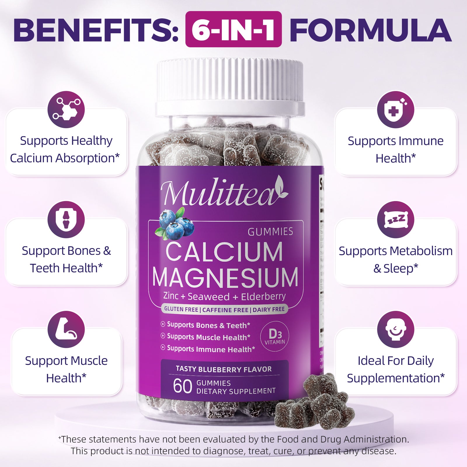 6-in-1 Calcium Magnesium Zinc Gummies| 60 Count