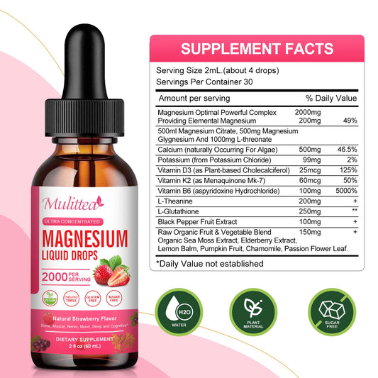 (2 Pack) Magnesium Supplement, 1000mg with High Potency Magnesium 500 Glycinate & 500mg Citrate, Sugar Free, Strawberry Liquid Drops Promotes Nerv,Relaxation,Muscle Sleep Support
