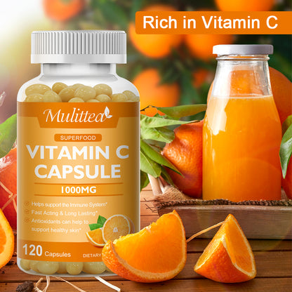 Mulittea Vitamin C 1000mg – Timed-Release Capsules with Rose Hips & Acerola – Immune Support, Collagen & Antioxidant Boost – 120 Vegan Capsules