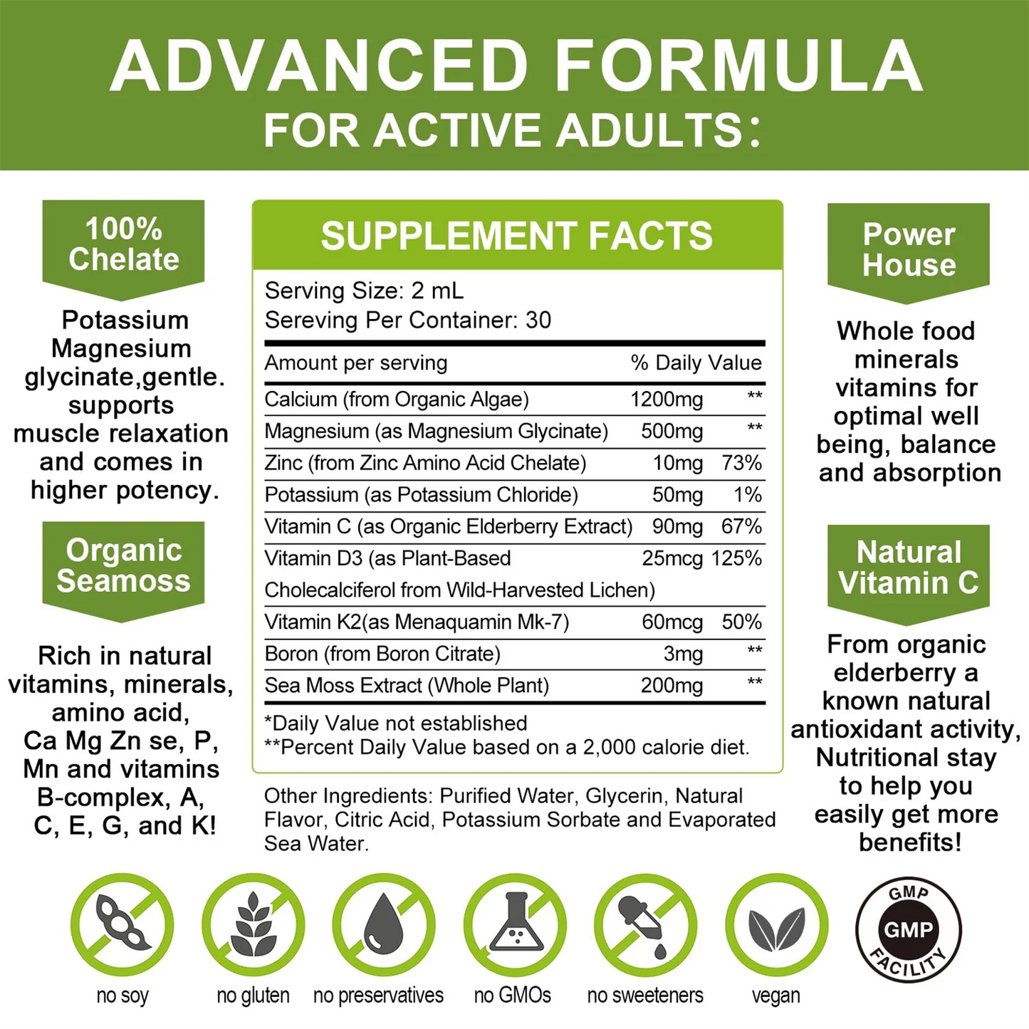 Calcium Magnesium Zinc Liquid with Vitamin D3, Magnesium Glycinate Drops Plus Vitamin C K2, High Absorption Plant Calcium Supplement for Heart & Bone, 30 Servings, Lemon Flavor